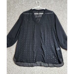 Maurices Black Sheer Chiffon Rhinestone Embellished V-Neck Blouse XL Y2K Boho